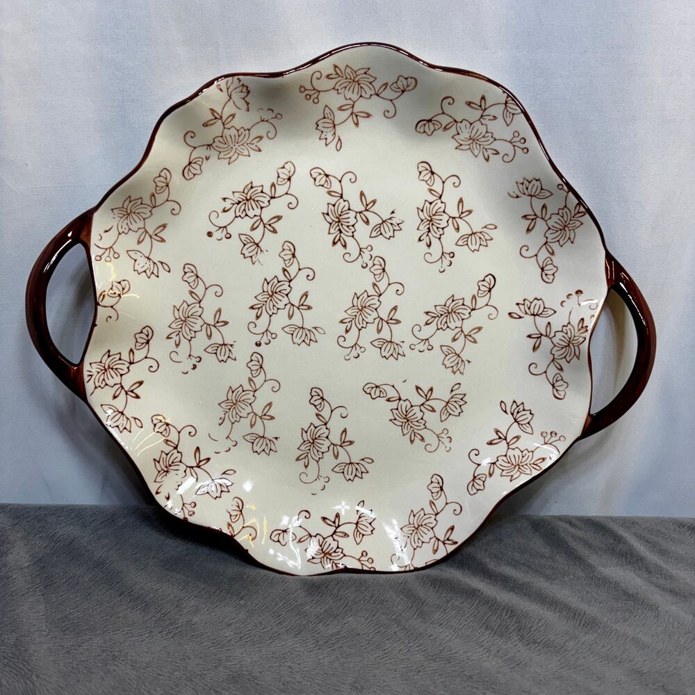 12" Handled Chop Plate Round Platter Temp-tations by Tara Floral Lace Chocolate